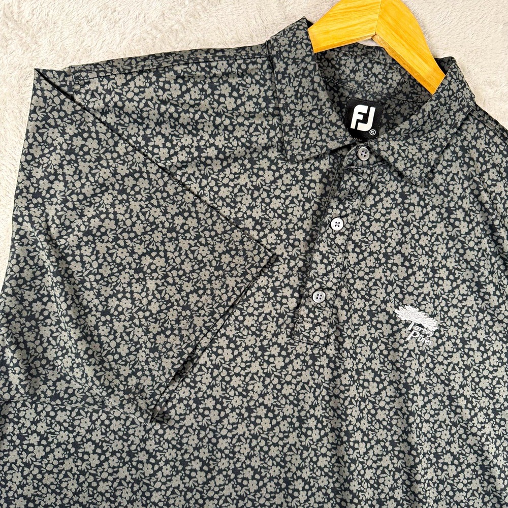 FootJoy Mens XL Gray Black Floral Stretch Golf Polo Torrey Pines Logo SS